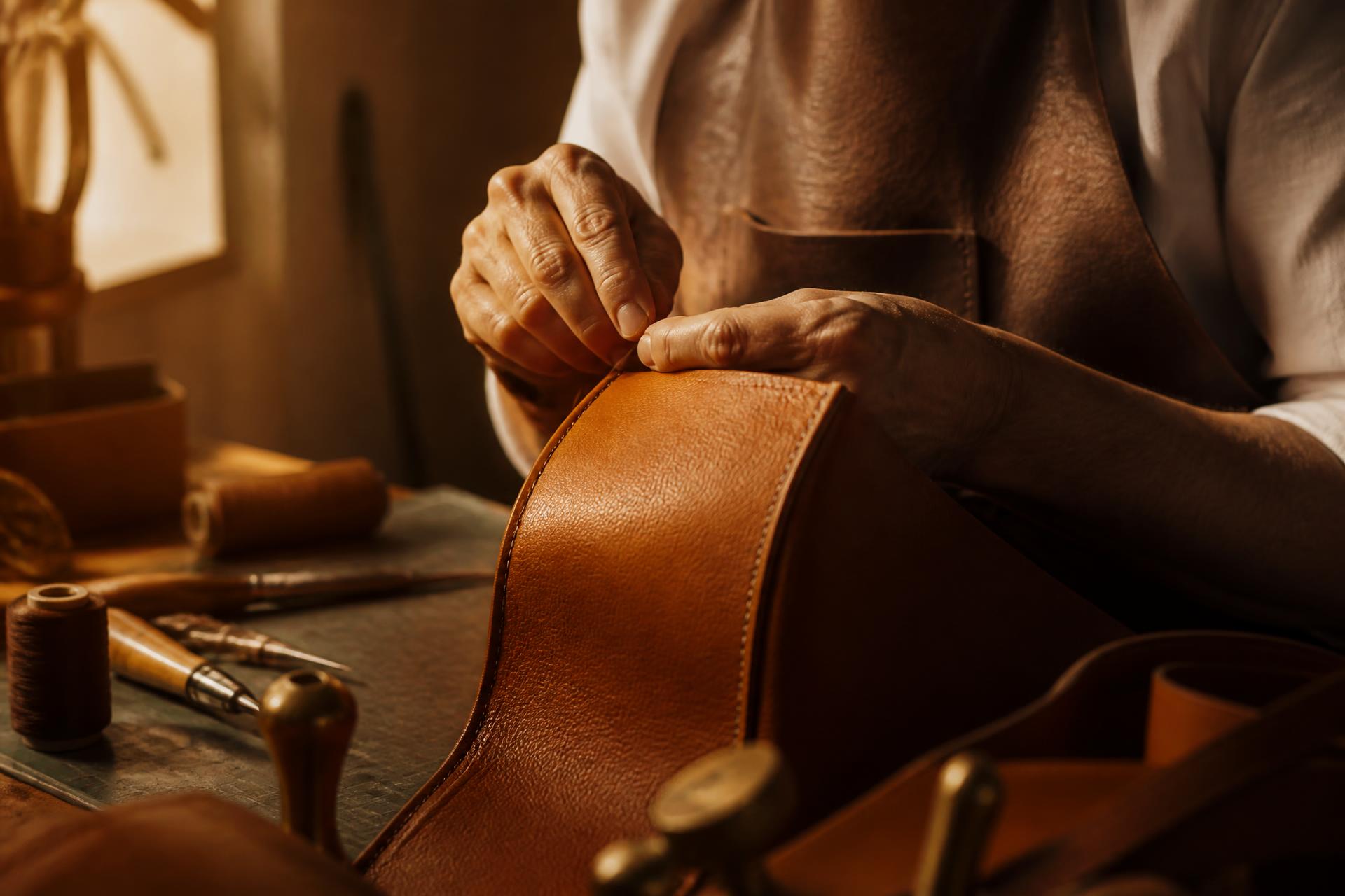 Master leather artisan stitching a premium cognac leather bag