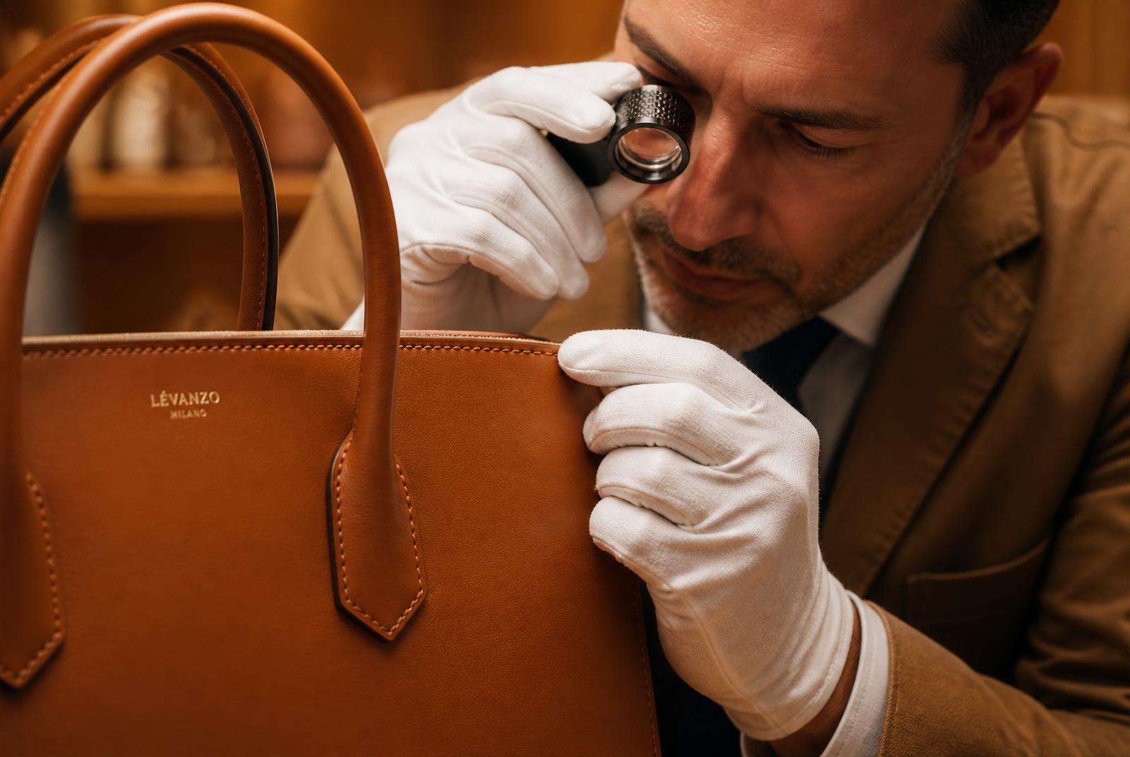 Master inspector reviewing a leather handbag